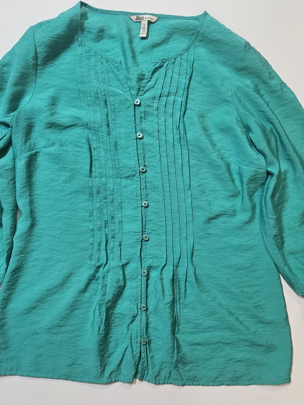 Bass Womens Pintuck Blouse Small Emerald Green Button Down Boho Office Ready